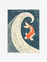 Orange koi fish and cream wave Japanese art print on blue background
