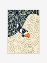 Koi fish with orange head and black white body swimming through blue and cream stylised waves, Japanese-style print