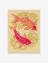 Red and yellow Koi fish poster with two fish swimming in a circular pattern on a light background, illustrative style.