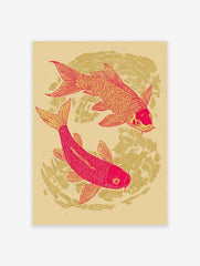 Red and yellow Koi fish poster with two fish swimming in a circular pattern on a light background, illustrative style.