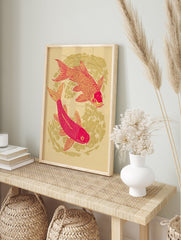 Red and yellow Koi fish poster with two fish swimming in a circular pattern on a light background, illustrative style. - Image 4
