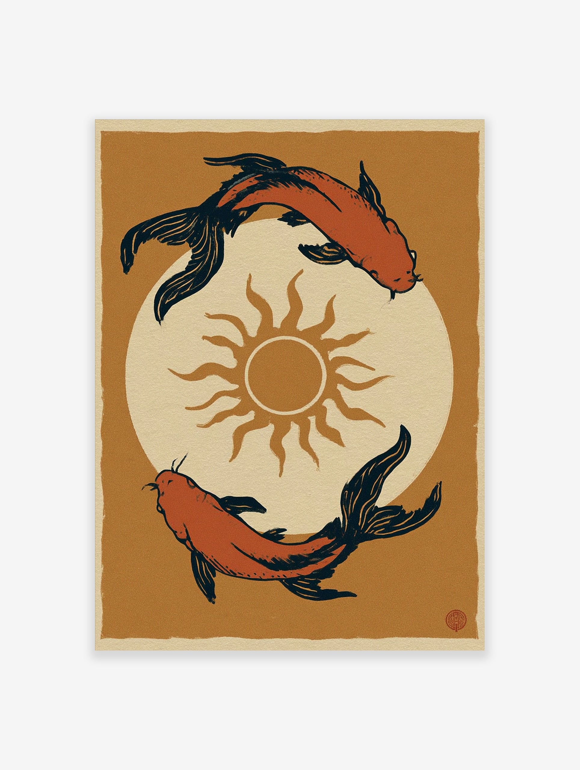 Japanese style koi fish wall art print featuring two orange fish circling a sun on a textured tan background