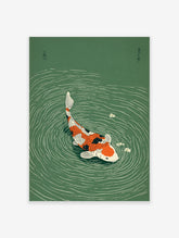 Vibrant orange, black, and white koi fish swimming in green water with ripples and white flowers, Japanese illustration art print.