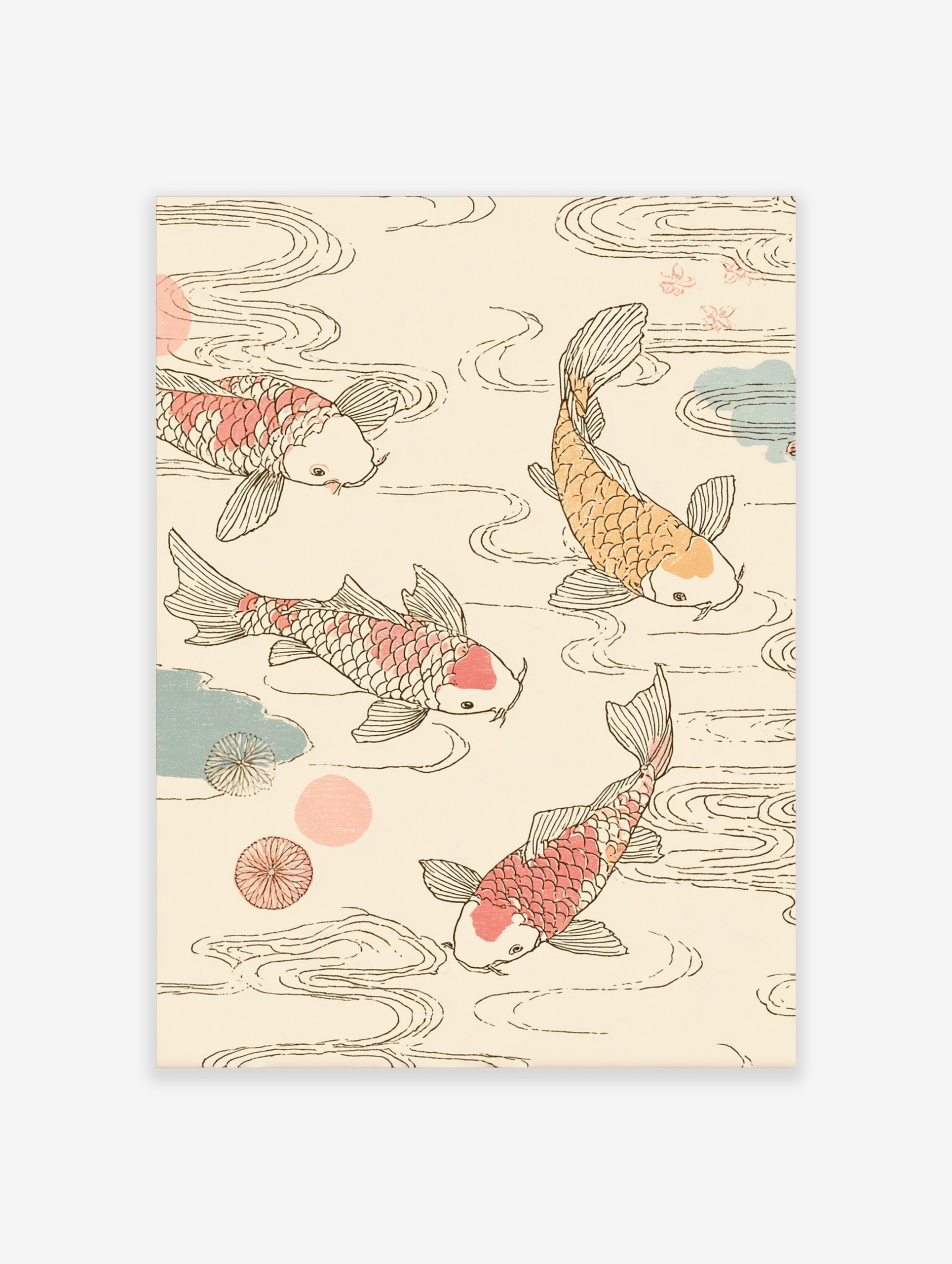 Three Koi fish, two pink and one orange, swimming in swirling water with blue and pink accents on a light background