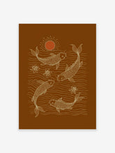 White line art illustration of four koi fish, lotus flowers, and water ripples on a brown background with an orange sun