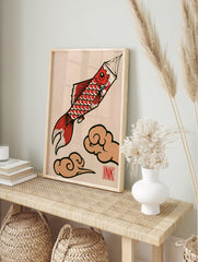 Japanese Koinobori style Koi fish illustration with red scales and brown clouds on a light, in an alternate framed mockup
