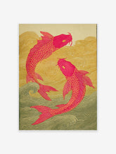 Two pink koi fish swim in golden and green waves in a Japanese-style illustration art print.