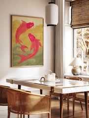 Two pink koi fish swim in golden and green waves in a Japanese-style illustration art print. - Image 3