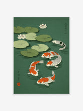 Japanese koi fish wall art print featuring orange, white, and black koi swimming among green lily pads and white lotus flowers.