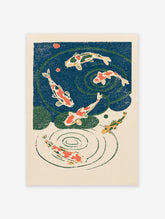 Illustrative Koi fish wall art print featuring red and orange koi swimming in a blue pond with green lily pads and ripples.