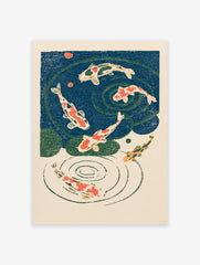 Illustrative Koi fish wall art print featuring red and orange koi swimming in a blue pond with green lily pads and ripples.