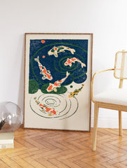 Illustrative Koi fish wall art print featuring red and orange koi swimming in a blue pond with green lily pads and ripples. - Image 2