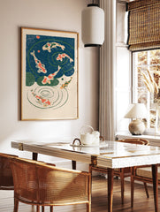 Illustrative Koi fish wall art print featuring red and orange koi swimming in a blue pond with green lily pads and ripples. - Image 3