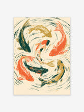 Five koi fish circling in a beige pond with swirling water lines and textured scales
