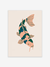Koi fish art print with peach body, dark green patches, and flowing fins on a beige background