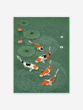 Japanese Koi Fish Wall Art illustration featuring five colorful koi fish in a green pond with lotus flowers and lily pads.