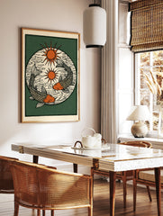 Illustrative koi fish wall art with two sun icons on a dark green background, block-print style, in a styled room mockup