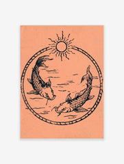 Illustrative koi fish wall art with two fish swimming in a circle under a sun symbol on a peach background