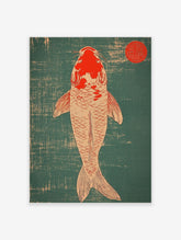 Top-down view of a red and off-white Koi fish against a teal textured background with a red circular seal
