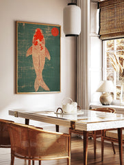 Top-down view of a red and off-white Koi fish against a teal textured background with a red, in a styled room mockup