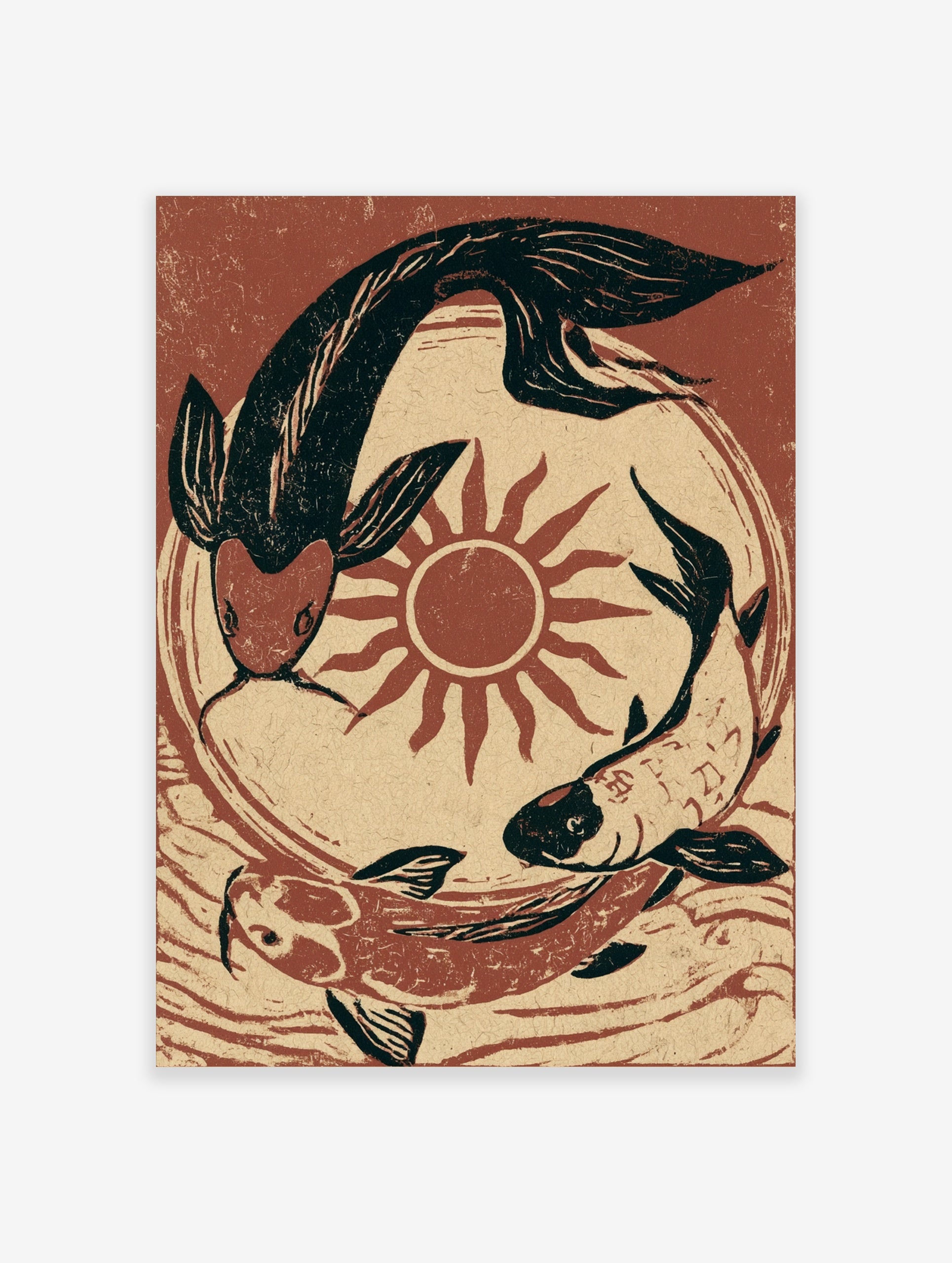 Koi fish wall art featuring three fish circling a red sun in a black and terracotta illustrative woodcut style