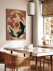 Japanese-style koi fish art print with red and black fish circling a central sun on a textured, in a styled room mockup