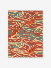 Koi fish art print with three orange and white koi swimming in red and blue stylised water