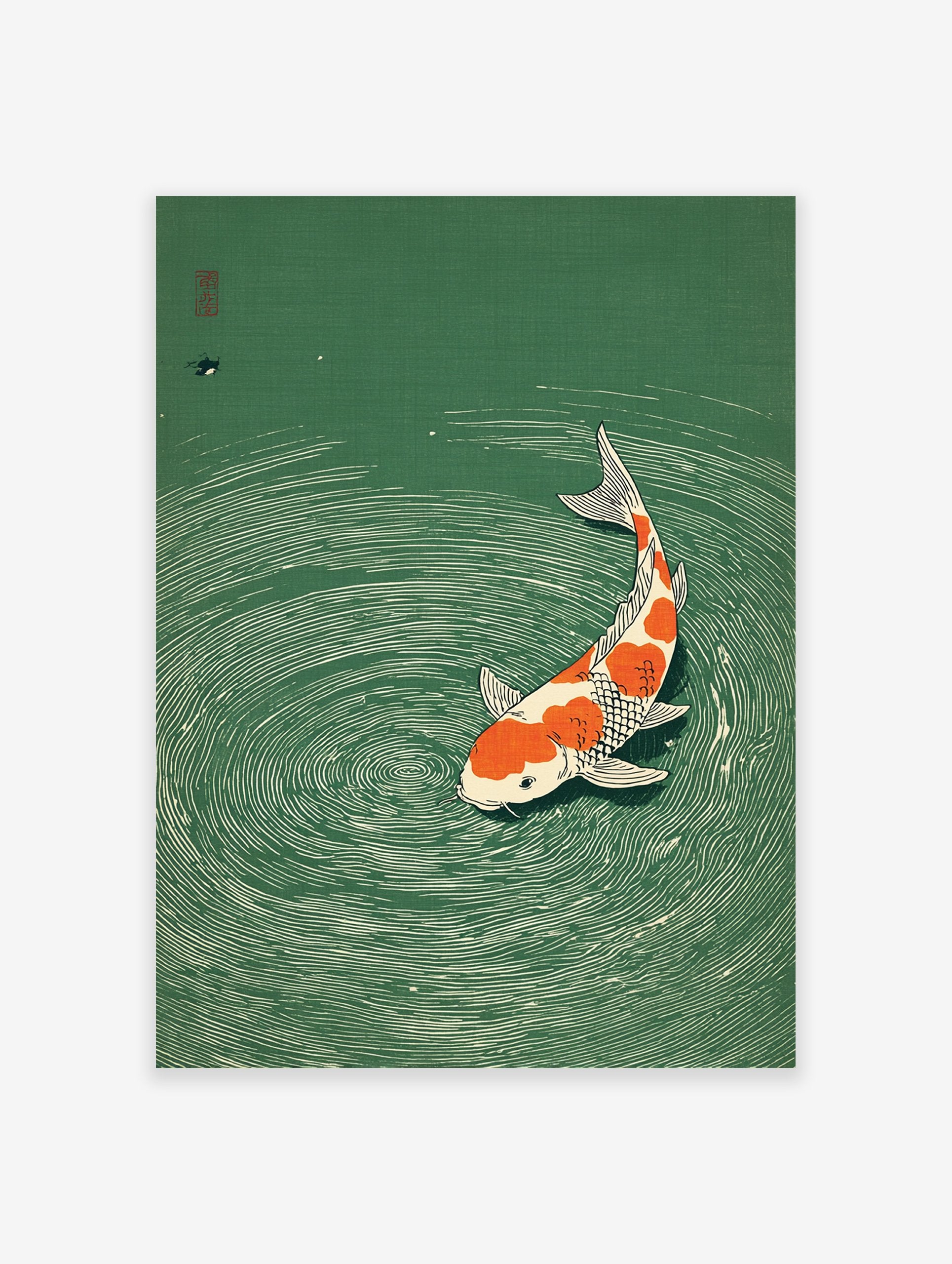 Japanese woodblock print of an orange and white Koi fish swimming in green water with ripples, a traditional Asian art piece.
