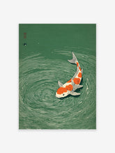 Japanese woodblock print of an orange and white Koi fish swimming in green water with ripples, a traditional Asian art piece.