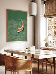 Japanese woodblock print of an orange and white Koi fish swimming in green water with ripples, a traditional Asian art piece. - Image 3