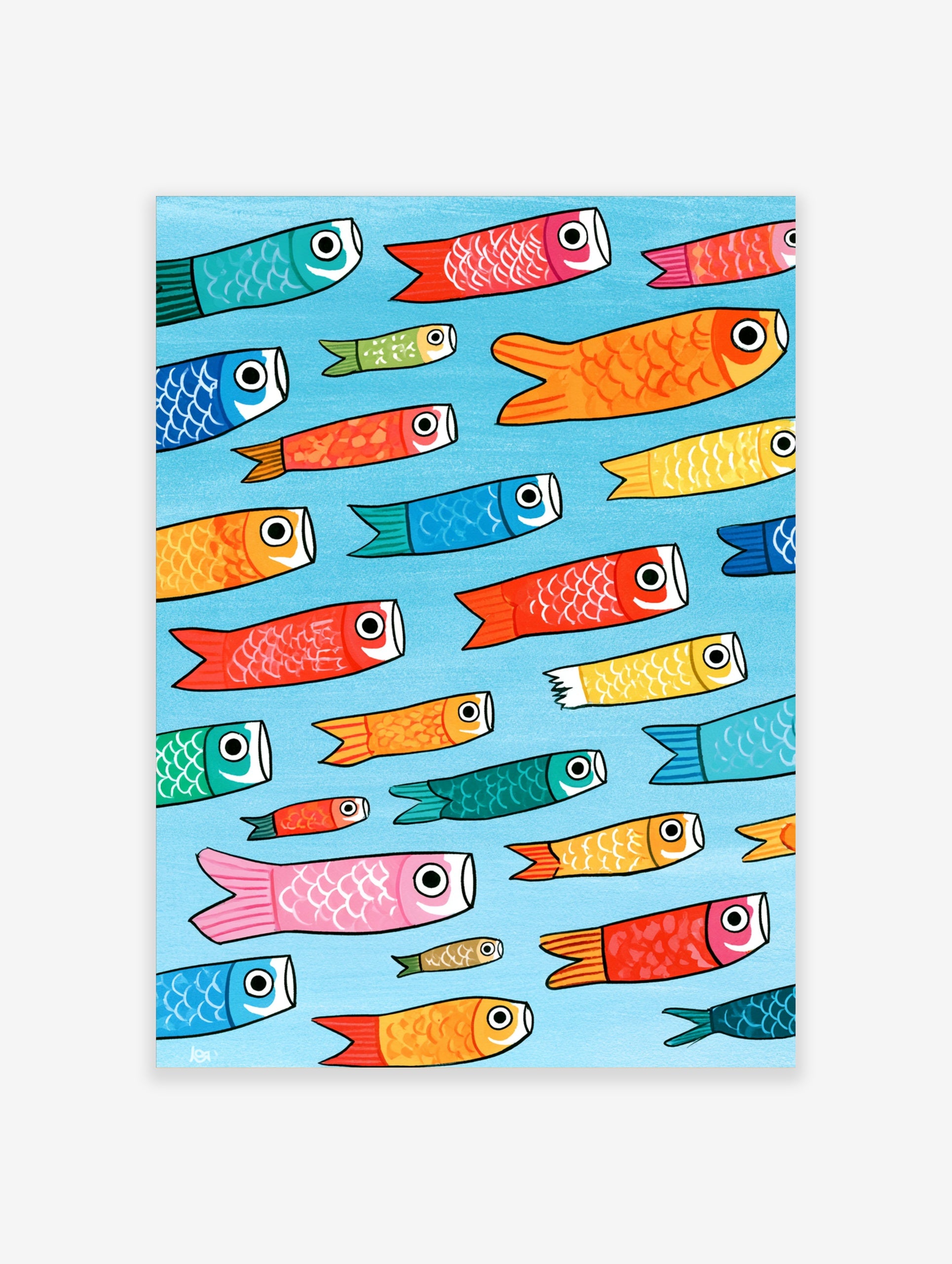 Pattern of colourful Japanese Koinobori carp streamers on a light blue background, illustrative wall art print