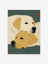 Japanese Ukiyo-e style Labrador dog art print featuring one cream and one golden Lab on a teal textured background.