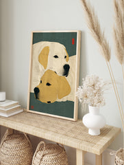 Japanese Ukiyo-e style Labrador dog art print featuring one cream and one golden Lab on a teal textured background. - Image 3