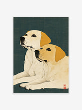 Two cream Labrador dogs in a Japanese style illustration art print on a dark green background. Perfect Labrador Wall Art.