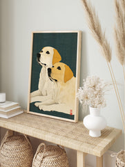 Two cream Labrador dogs in a Japanese style illustration art print on a dark green background. Perfect Labrador Wall Art. - Image 3