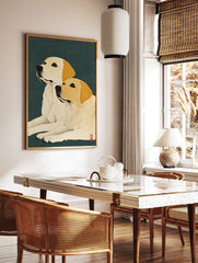 Japanese Ukiyo-e style illustration of two cream Labrador dogs looking up against a dark teal textured background, Labrador wall art. - Image 2