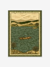 Illustrative lake art print with a rowboat and paddle on green water, surrounded by hills and trees, with a decorative border.