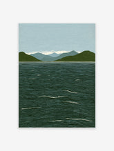 Linocut style lake mountain landscape art print with dark green mountains, blue water, and light blue sky.