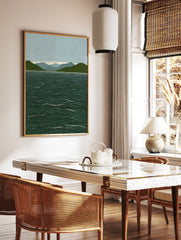 Linocut style lake mountain landscape art print with dark green mountains, blue water, and light blue sky. - Image 2