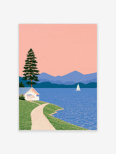 Illustrative lakeside landscape with a white cottage, pine tree, sailboat, and blue mountains under a soft pink sky