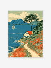 Illustrative lakeside landscape art print featuring a cottage, sailboat, and orange wildflowers in a warm colour palette