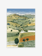 Illustrated landscape art print showing rolling green and yellow fields, trees, and a winding path under a blue sky.