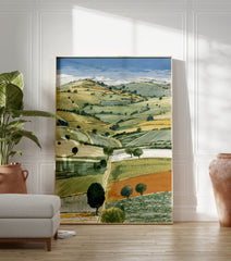 Illustrated landscape art print showing rolling green and yellow fields, trees, and a winding path under a blue sky. - Image 3