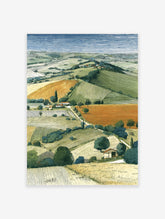 Illustrated landscape art print depicting rolling green and orange farm fields, scattered trees, and houses under a blue sky.