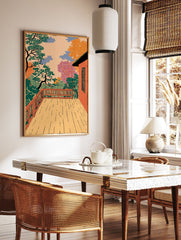 Vibrant Landscape Illustration Print of a deck overlooking colorful trees and a peach sky in Japanese style. - Image 2