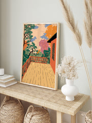 Vibrant Landscape Illustration Print of a deck overlooking colorful trees and a peach sky in Japanese style. - Image 3