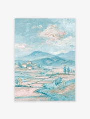 Pastel blue and pink landscape painting of a serene village with houses, mountains, fields, and trees under a cloudy sky.
