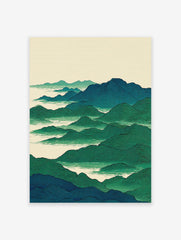Asian style landscape wall art print featuring layered green and blue mountains with mist on a light cream background.