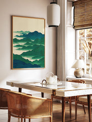 Asian style landscape wall art print featuring layered green and blue mountains with mist on a light cream background. - Image 2