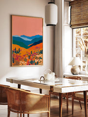 Colorful landscape wall art painting featuring blue mountains, orange fields, peach sky, and purple & white wildflowers. - Image 2